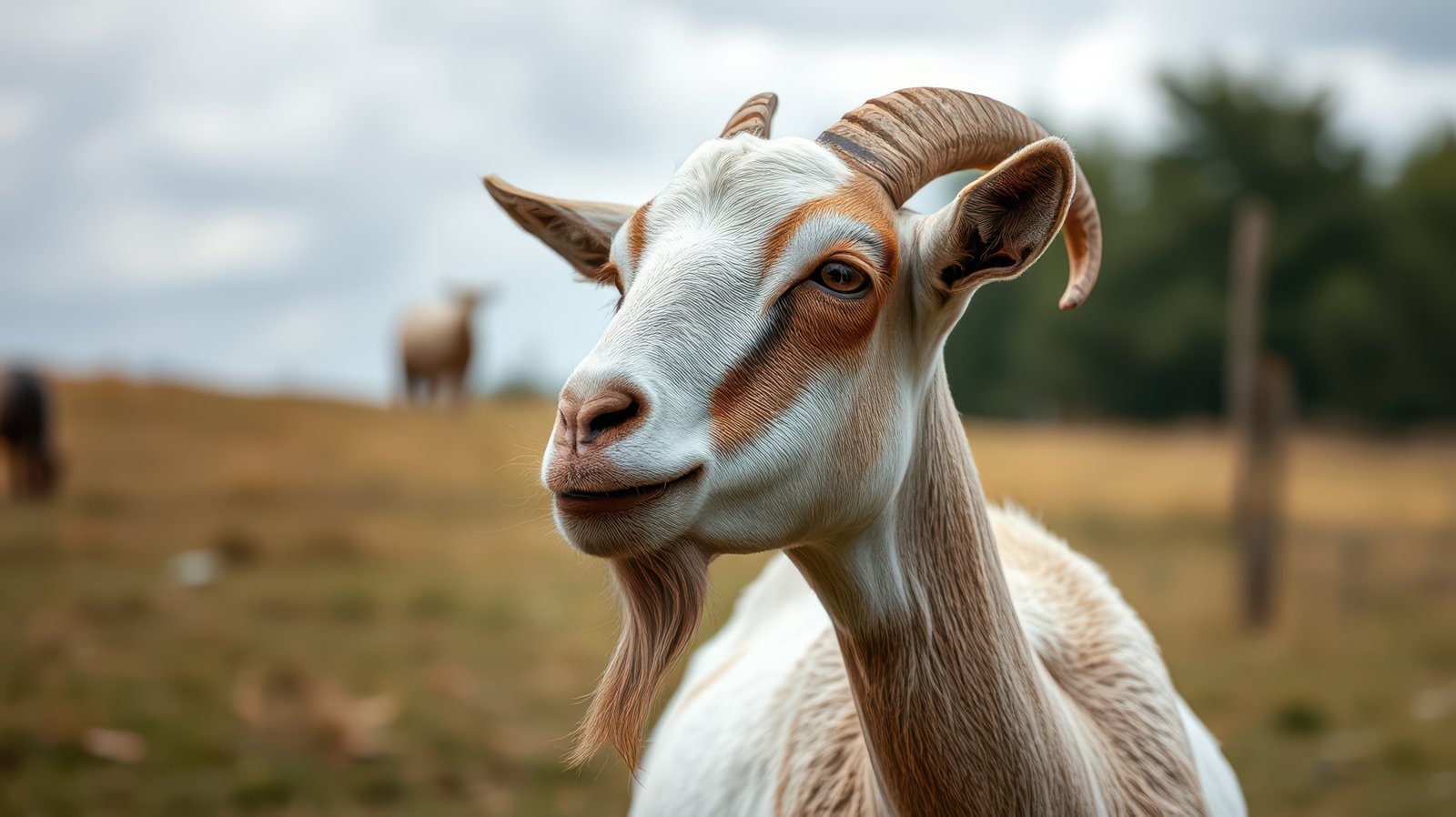 Goat poses calmly in a grassy field under a cloudy sky in a rural setting during the day